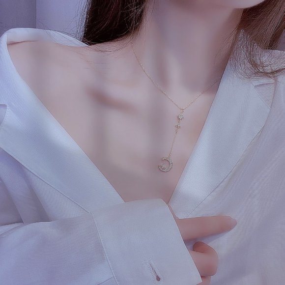 NEW 14K Gold Plated Diamond Crescent Moon Star Drop Necklace - Picture 2 of 6